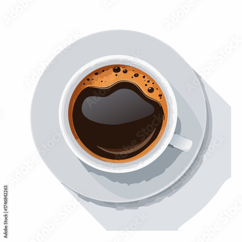 A top-down illustration of a white cup of black coffee with foam on a saucer, casting a long shadow.