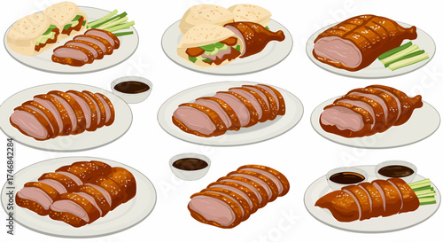 A collection of nine plates depicting various servings of roasted duck sauces and wrappers
