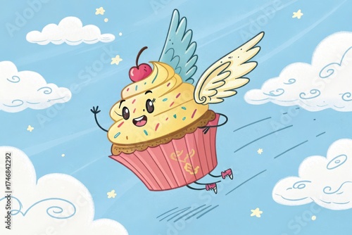 Whimsical flying cupcake with wings soaring through a bright blue sky filled with clouds