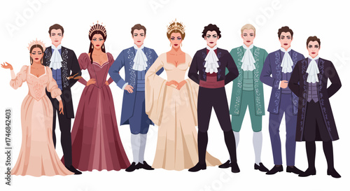 A group portrait of nine individuals in ornate historical Europeanstyle attire