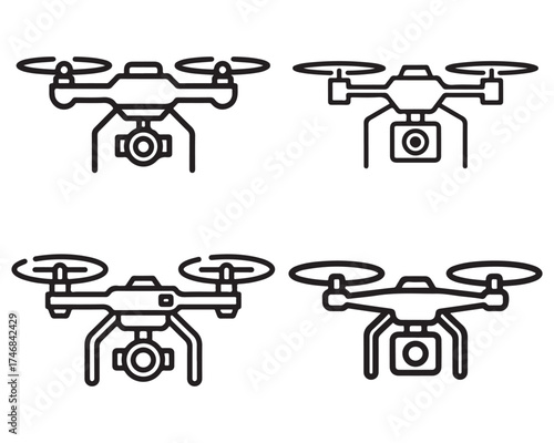 Collection of four distinct line art illustrations of quadcopter drones with cameras for aerial photography and videography