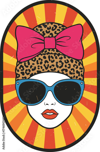 Pop art sunglasses woman, leopard print headwrap, pink bow, retro fashion face, radial background, bold vector illustration, white backdrop