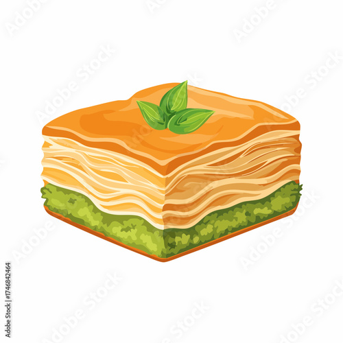 Illustration of a layered baklava pastry with green filling, topped with three small green leaves, isolated on a white background.