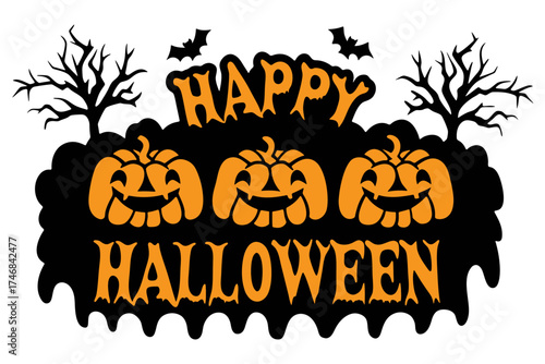 A happy halloween graphic with three smiling jack o lanterns spooky trees and bats