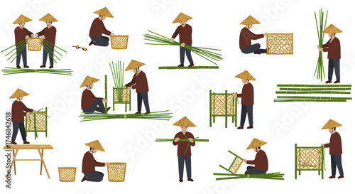 Artisans weaving bamboo baskets and furniture in various stages