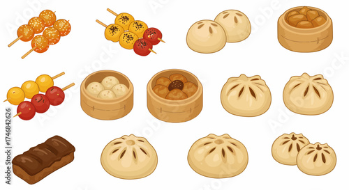 Assortment of Chinese dim sum and skewered snacks illustration