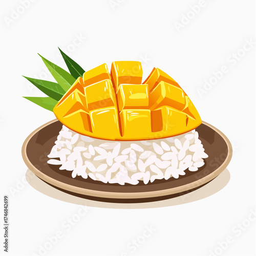 Illustration of mango sticky rice dessert, featuring sliced ripe mango on top of white sticky rice, served on a brown plate with green leaves.