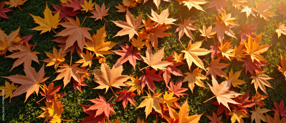 Fototapeta premium Vibrant autumn leaves scattered on green grass, showcasing shades of orange, red, and yellow, creating warm and inviting atmosphere