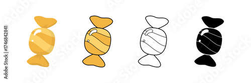 Wrapped candy icons in solid color, outline, and silhouette representing sweet confection