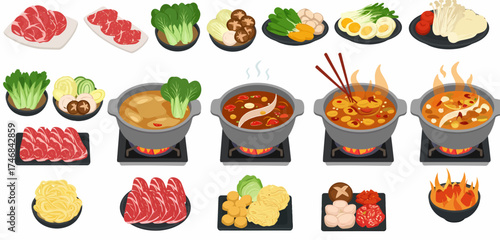 Assortment of raw ingredients and cooking hot pots for shabushabu or fondue