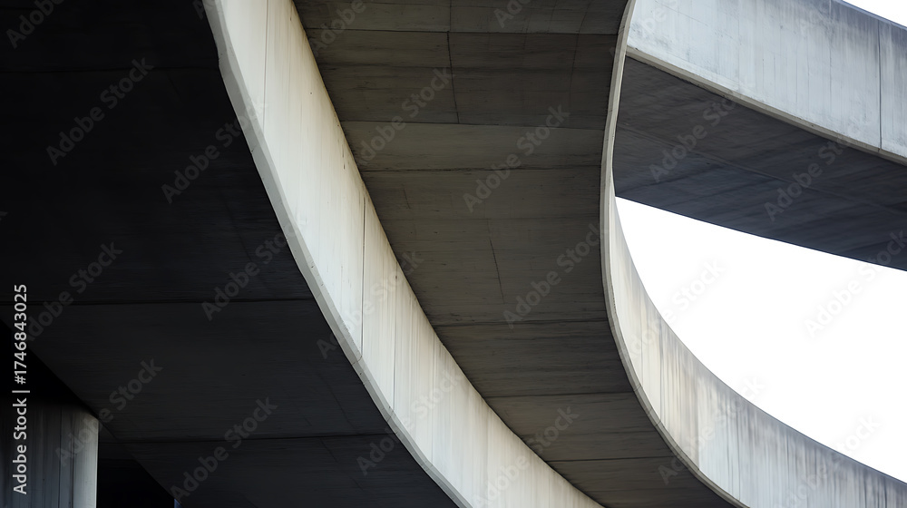 Fototapeta premium Architectural Curves: Concrete structure with light and shadows creates an abstract composition, highlighting smooth curves and structural design.