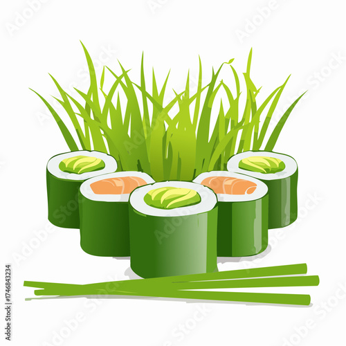 Five sushi rolls with salmon and avocado are arranged with green grass and chives on a white background.