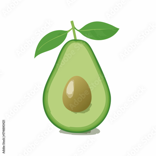 A vibrant green avocado cut in half, revealing its large brown pit and topped with two small fresh leaves.