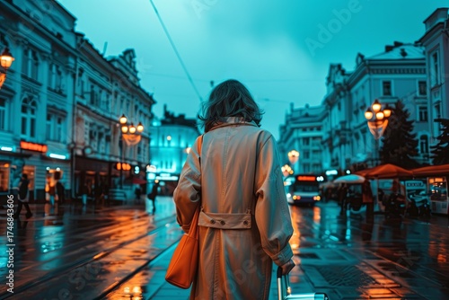 Adult woman walks alone on city street carrying a bag and pulling a suitcase. Wet pavement reflects streetlights and buildings.