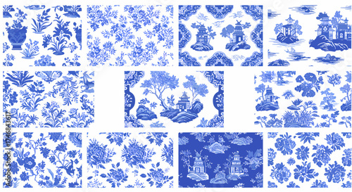 Collection of blue and white Chinoiserie style patterned textiles