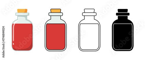 Potions in different styles, flat, outlined, and silhouette, isolated on transparent background