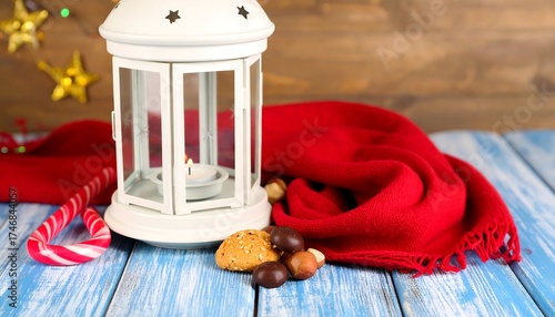 A cozy scene features a white lantern with a lit candle next to a red scarf, cookies, and candy cane on a blue-painted surface