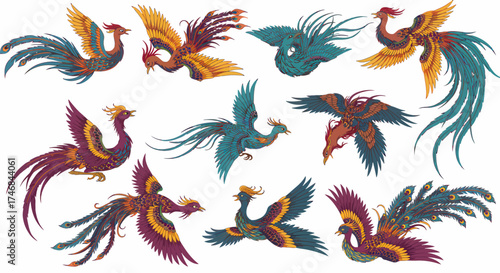 Collection of ten colorful illustrations of mythological Chinese phoenix birds