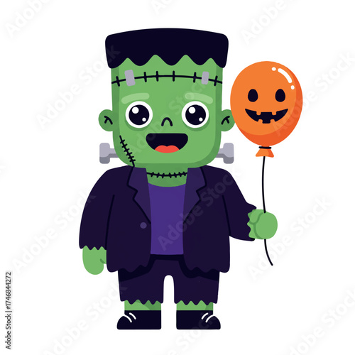 A joyful Frankenstein's monster character, rendered in a vibrant flat 2D vector illustration style with clean outlines, happily holds a festive Halloween balloon on a clean white background.