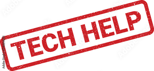 Red vintage rubber stamp impression displaying the words Tech Help for assistance and support