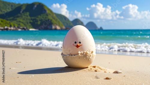 Egg with a face on the beach with waves and mountains in the background