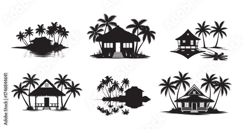 Tropical Beach Hut Silhouette Vector Set with Palm Trees and Island Vibes.
