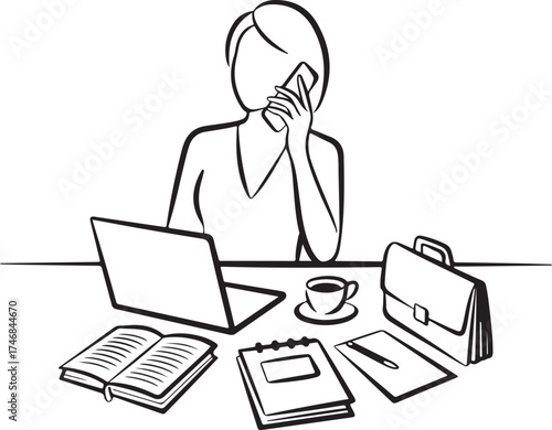 Professional Woman Outline Icons Phone, Laptop, Planner, Coffee Cup, Briefcase, and Office Workspace