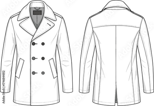 Double breasted coat flat sketch, front and back view, tailored outerwear design, fashion apparel illustration, garment construction technical drawing template