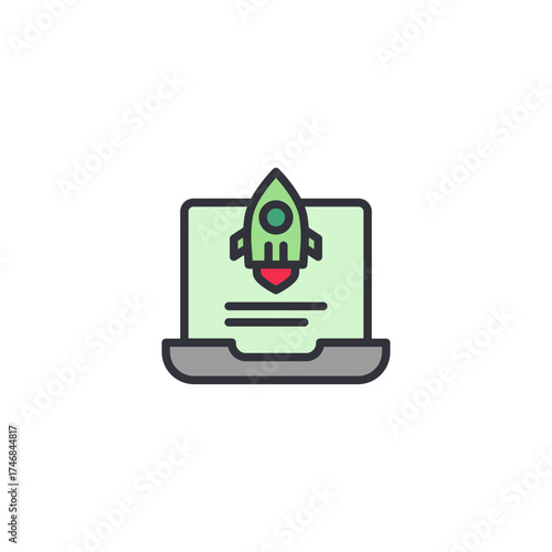 Rocket on a computer monitor, symbolizing online startup launch, innovation presentation, and digital marketing success in modern business.