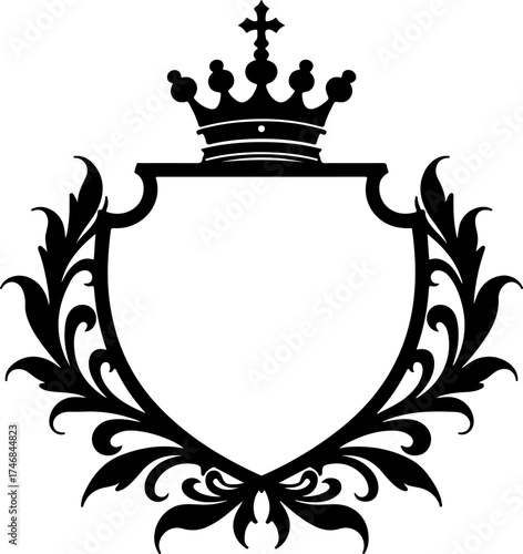coat of arms with a crown, frame, shield, vector, vintage, emblem, crown, arms, design, heraldic, illustration, banner, decoration, symbol, sign, gold, ornament, floral, label, ornate, tattoo, coat of