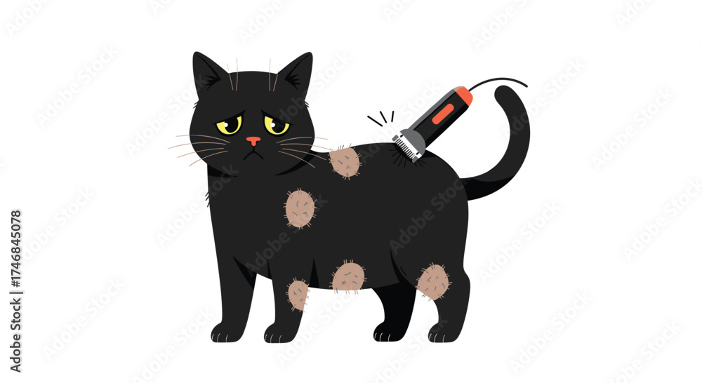 Fototapeta premium A black cat with bald spots being shaved by clippers.