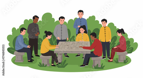 Group of diverse people gathered outdoors playing Chinese chess on a stone table