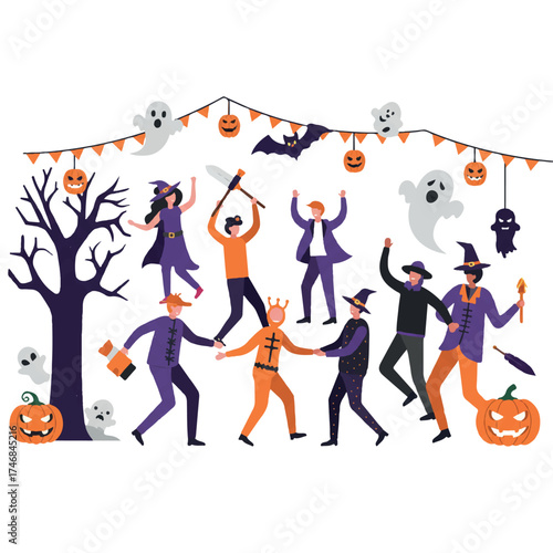 A vibrant Halloween party scene, presented as a flat 2D vector illustration, captures diverse people in festive costumes happily dancing amidst spooky ghosts, bats, and smiling pumpkins.