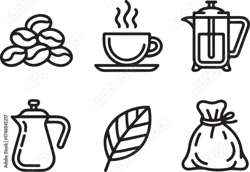Roasted Coffee Hand-Drawn Line Icon Pack Beans, Cup, French Press, Coffee Pot, Leaf, and Bag