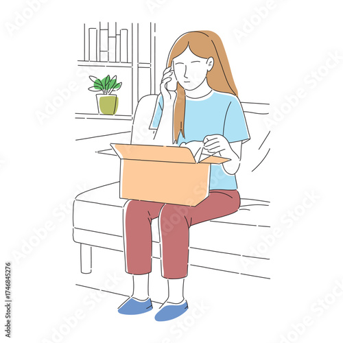 Woman sitting on a couch, talking on the phone while unboxing a package and discussing reporting the seller, Doodle line art vector illustration