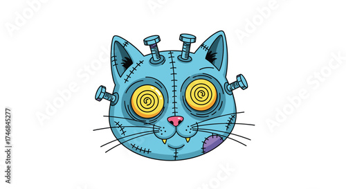 A spooky blue cat head with stitches and bolts representing a monster.