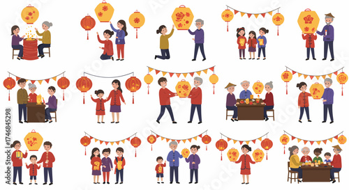 Montage of families celebrating with red and yellow Chinese lanterns