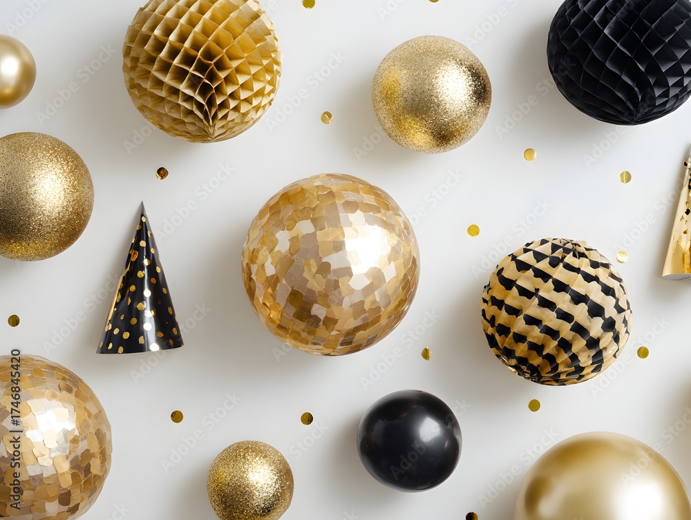 Fototapeta premium 39. Gold and black party decorations arranged flat lay on white background