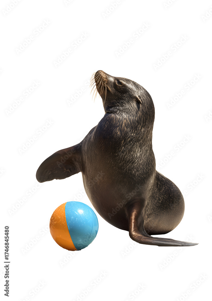 Naklejka premium Sea lion doing circus attraction with ball on its nose on transparent background.