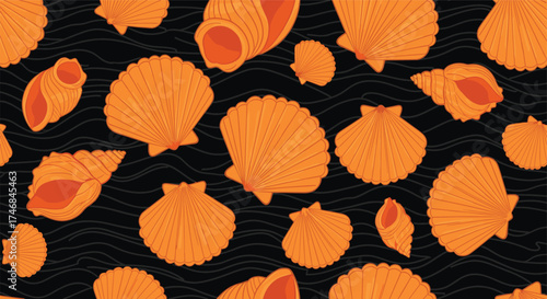 Seamless pattern of various orange seashells on a black wavy background.