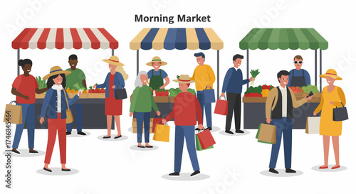 People shopping at stalls with striped awnings at a morning market