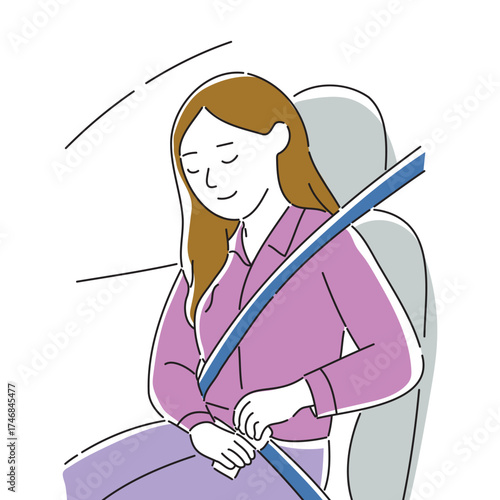Young woman is seated in the drivers seat, preparing to drive the car, doodle line art vector illustration