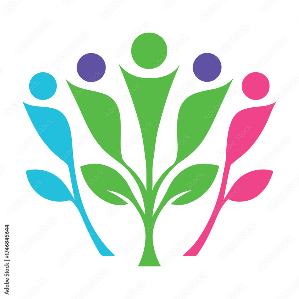 Fototapeta premium Colorful abstract figures representing community growth and diversity with organic leaf-like elements