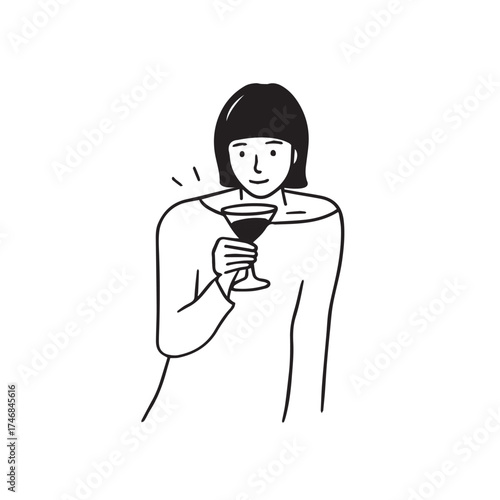 Female character enjoying a cocktail drink, bar and party concept illustration