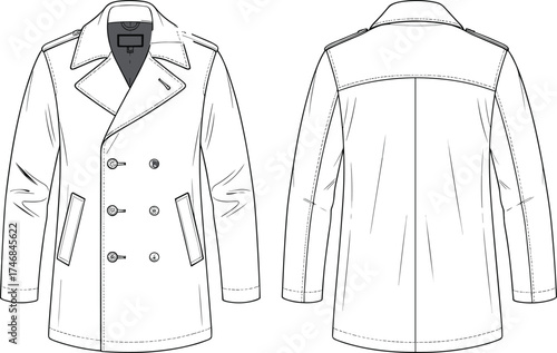 Double breasted pea coat flat sketch, front and back view, tailored outerwear design, fashion apparel illustration, garment construction technical drawing