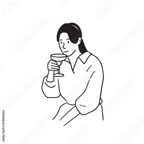 Female character enjoying a cocktail drink, bar and party concept illustration