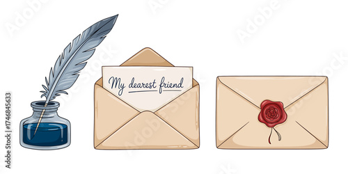 Antique Writing Set with Quill Inkwell and Letters for Personal Correspondence and Vintage Communication Style Illustration