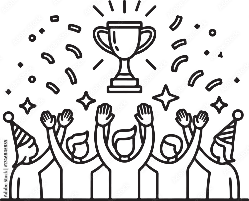 Fototapeta premium Team Celebration Outline Icons High-Five, Confetti, Trophy, Hands Raised, Party Hat, and Success Symbols