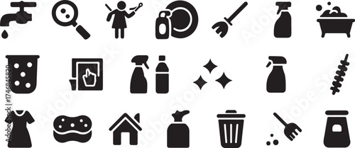 cleaning icons, home care, housekeeping symbol, detergent bottle, spray cleaner, mop bucket, dusting symbol, washing icon, house hygiene, cleaning products