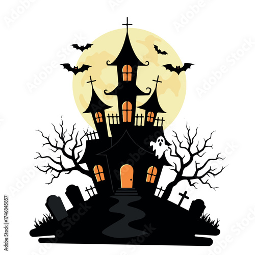 Spooky haunted house vector illustration featuring flying bats, a spectral ghost, and gravestones under a vibrant full moon, rendered in a simplified 2D flat style.